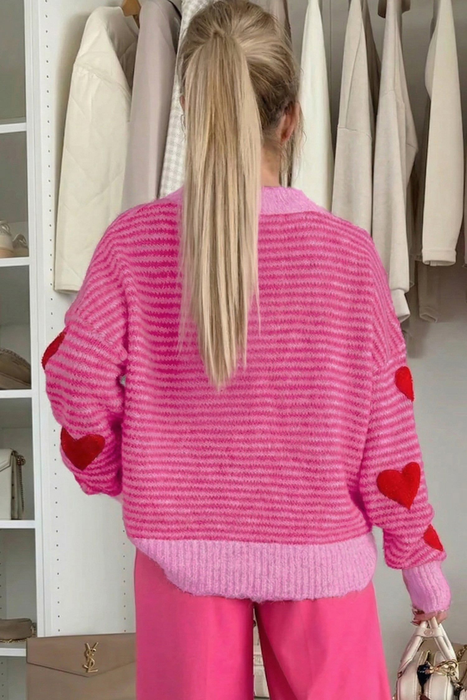 Stripe Contrast Heart Pattern Valentine Knit Sweater