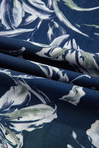 Blue Floral Print Short Puff Sleeve Striped Trim V Neck Blouse