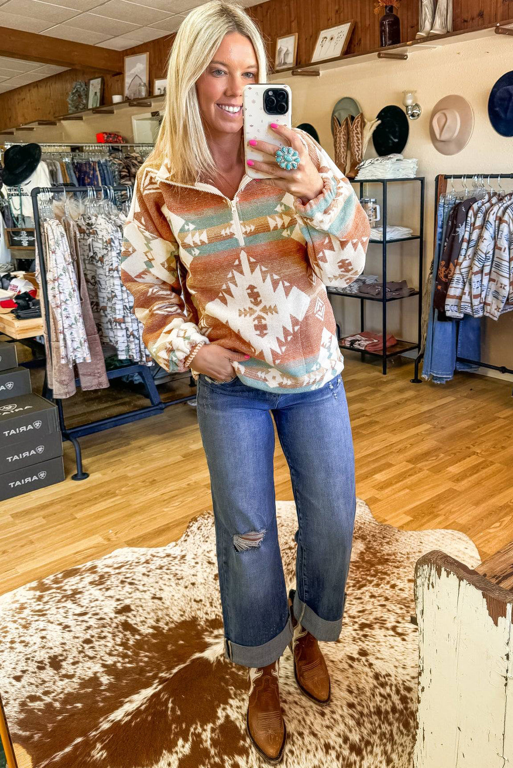 Green Quarter Zip Elastic Cuffs Aztec Sweatshirt
