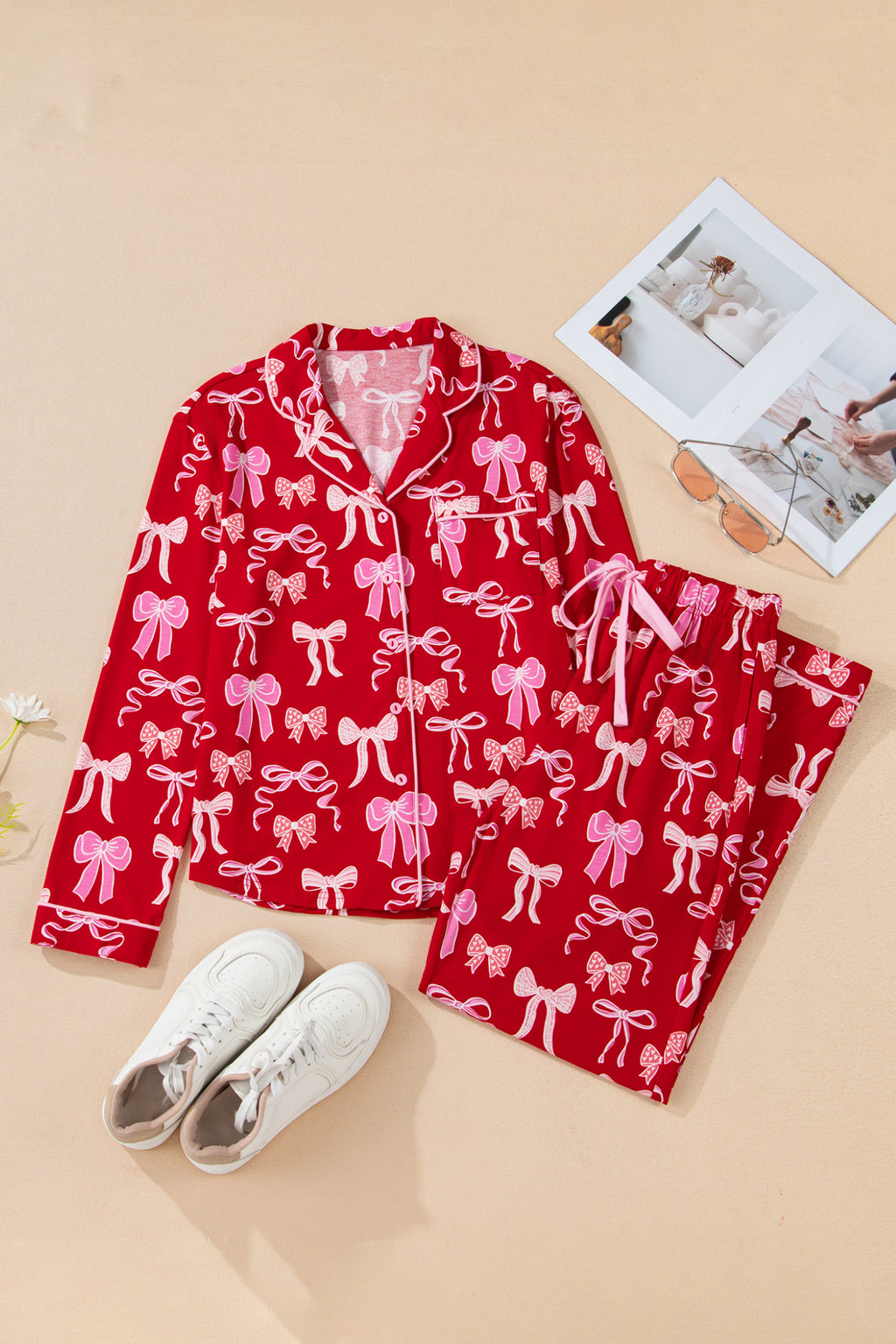 Red Sweet Bow Print Shirt Style Top Long 2pcs Pyjama Set