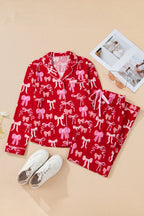 Red Sweet Bow Print Shirt Style Top Long 2pcs Pyjama Set