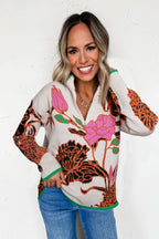 Khaki Floral Pattern Knit Quarter Zip Stand Neck Sweater