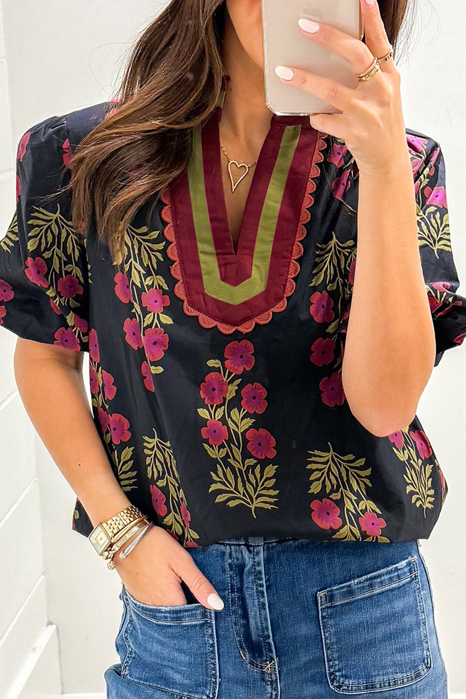 Floral Short Bubble Sleeve Contrast Slit Neckline Blouse