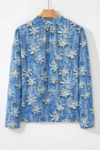 Sky Blue Fall Floral Half Placket Collared V Neck Blouse