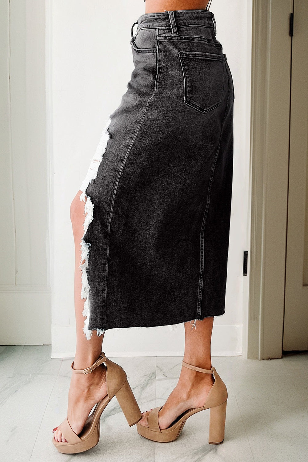 Irregular Distressed Bottom Denim Midi Skirt