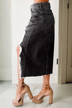 Irregular Distressed Bottom Denim Midi Skirt