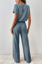 Dark Grey Ribbed Keyhole Short Sleeve Wide Leg Jumpsuit