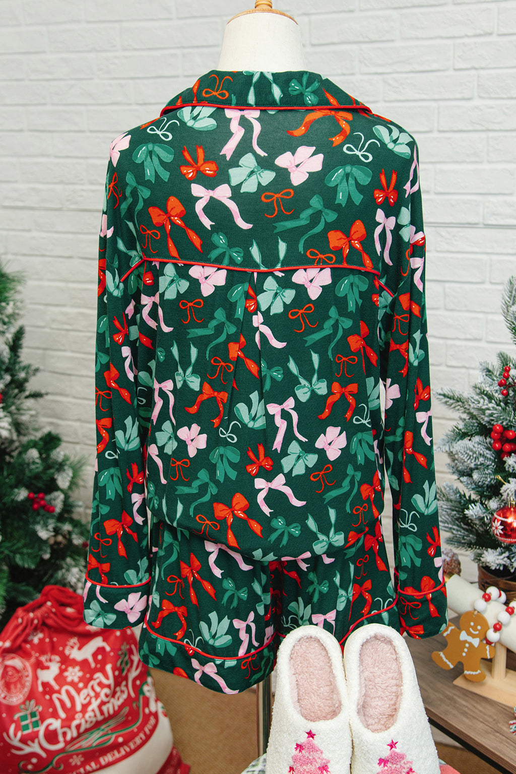 Green Festive Bow Print Long Sleeve Shirt and Pyjama Short Set