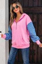 Parchment Checkered Patchwork Kangaroo Pocket Half Zipper Hoodie