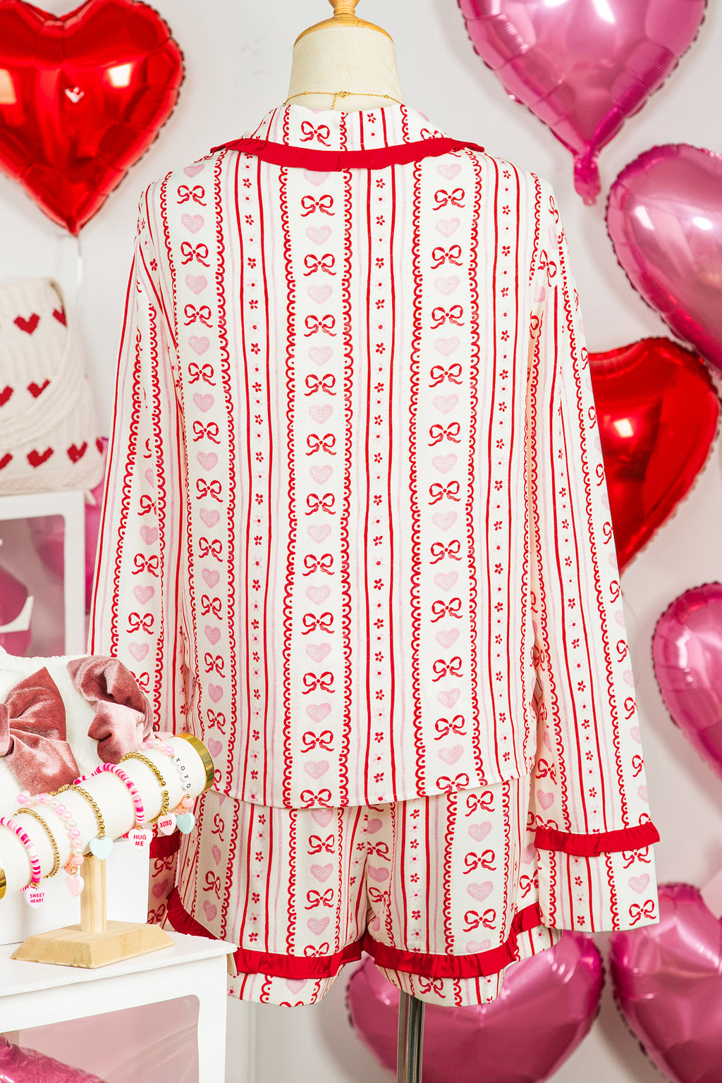 Red Sweet Floral Heart Bow Print Contrast Trim Long Sleeve Shirt Pyjama Short Set