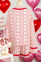 Red Sweet Floral Heart Bow Print Contrast Trim Long Sleeve Shirt Pyjama Short Set