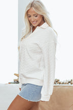 White Textured Pocketed Collared V Neck Pullover Sweatshirt