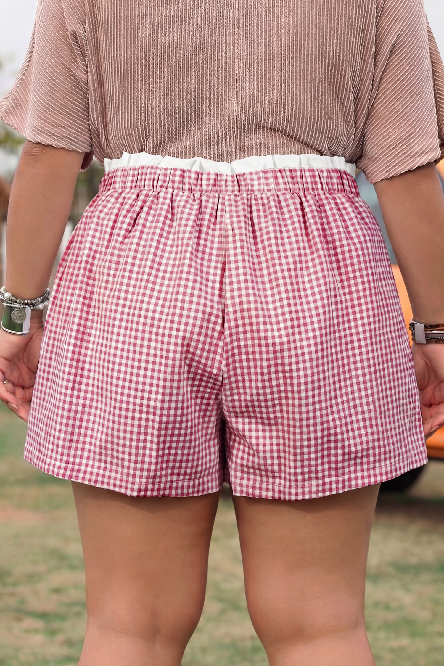 Contrast Trim Plaid Print Plus Size Shorts