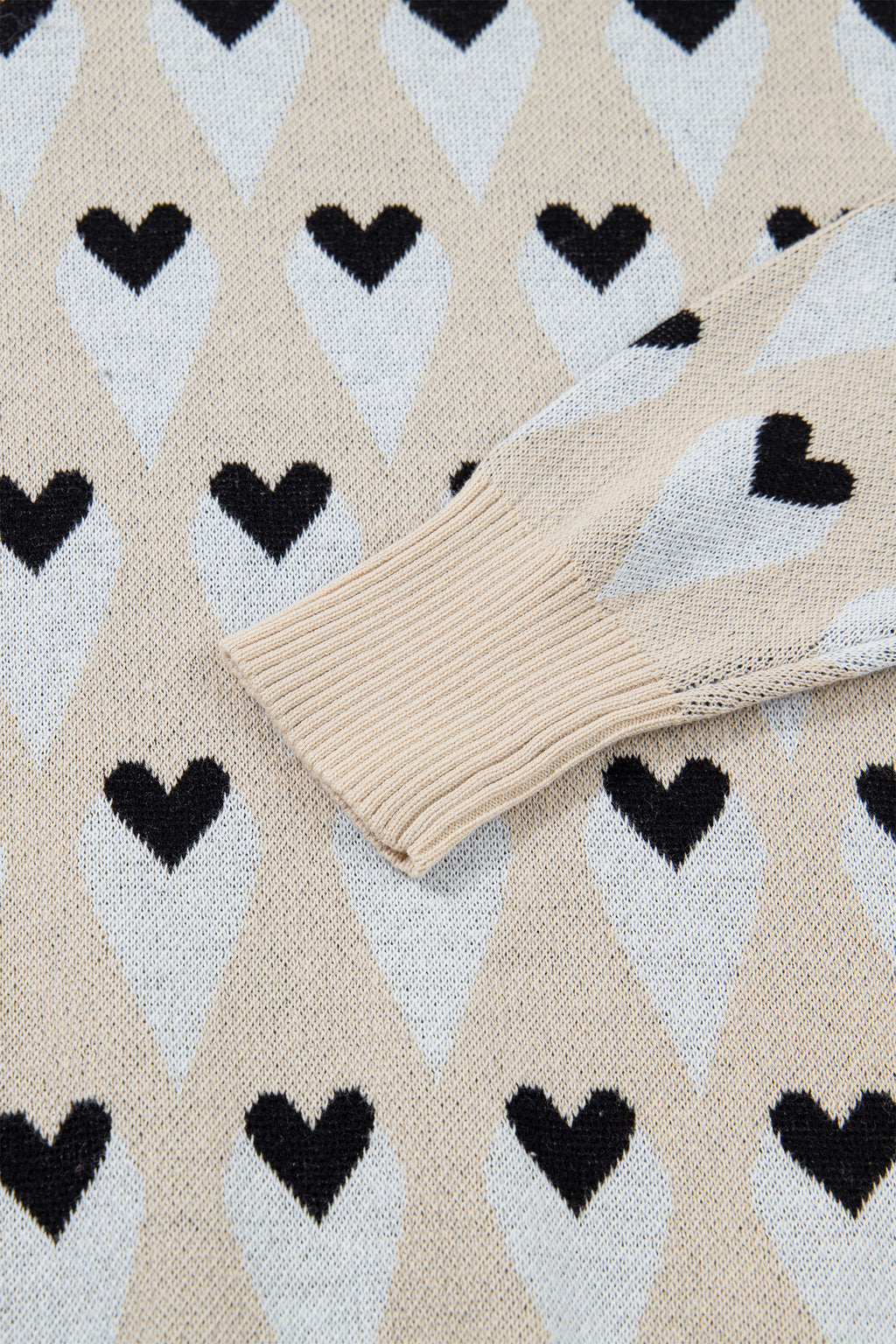 Parchment Geometric Heart Print Ribbed Trim Loose Sweater