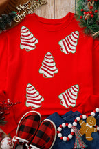 Red Playful Christmas Tree Patched Dropped Shoulder Sweatshirt