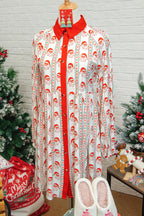 White Father Christmas Contrast Collar Button Front Long Sleeve A-line Mini Dress