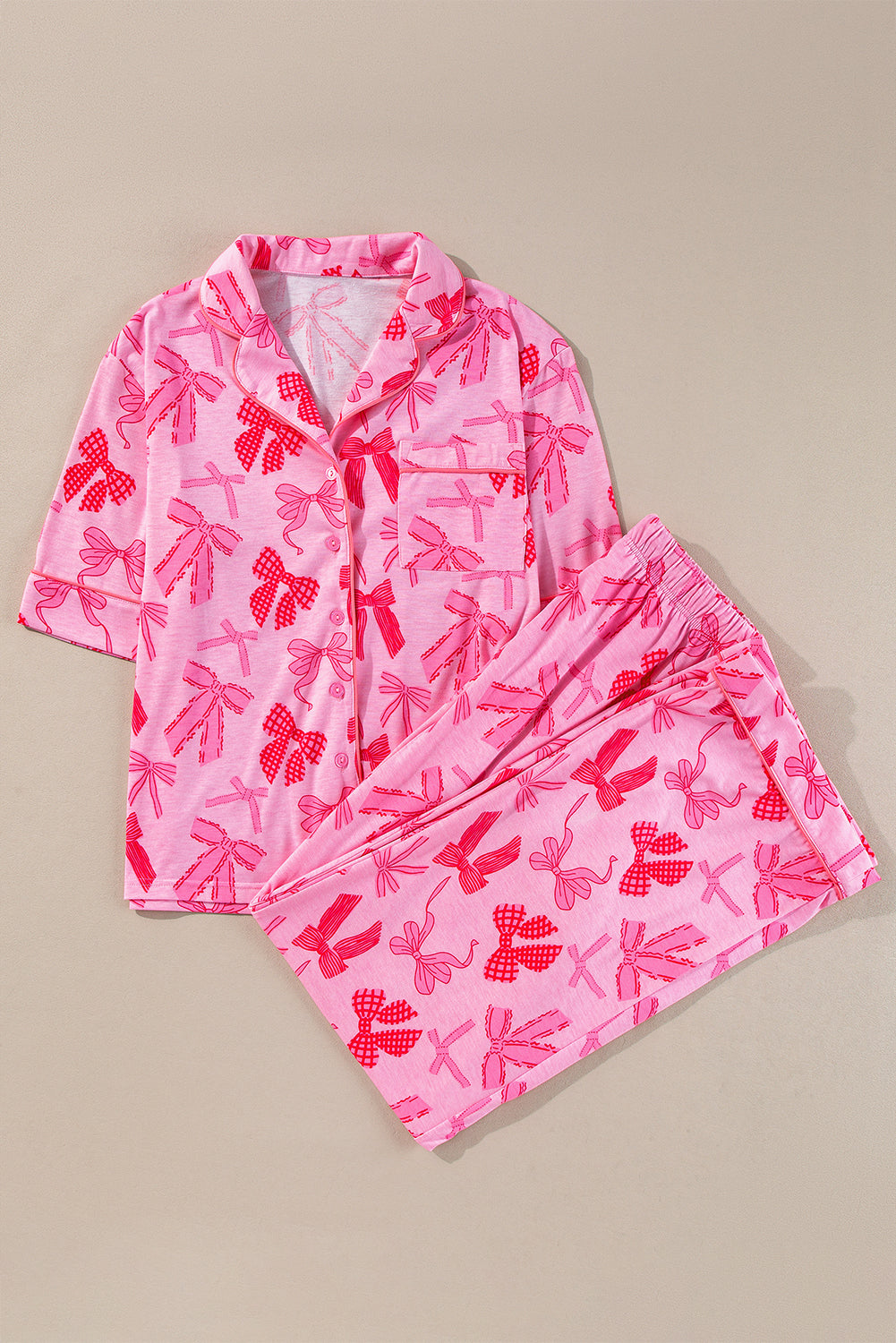 Pink Bow Knot Print Lapel Collar Short Sleeve and Pants Pyjamas Set