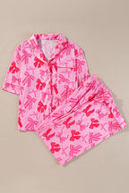 Pink Bow Knot Print Lapel Collar Short Sleeve and Pants Pyjamas Set