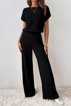 Dark Grey Ribbed Keyhole Short Sleeve Wide Leg Jumpsuit