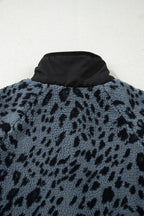 Blue Cow Print Buttoned Stand Collar Fleece Jacket