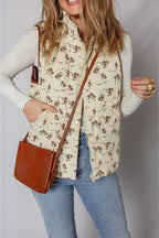 Apricot Floral Print Zip Up Quilted Vest