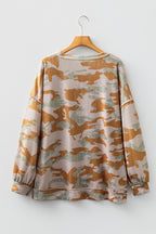 Brown Retro Camouflage Print Exposed Seam Patchwork Drop Shoulder Sweatshirt