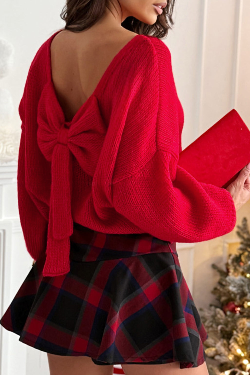 Festive Bow Backless Bubble Sleeve Sweater