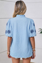 Beau Blue Flower Embroidered Puff Sleeve Split Neck Textured Blouse