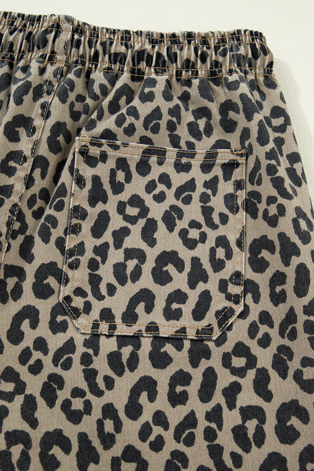 Khaki Leopard Print Drawstring Elastic Waist Loose Denim Pants with Pockets