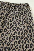 Khaki Leopard Print Drawstring Elastic Waist Loose Denim Pants with Pockets