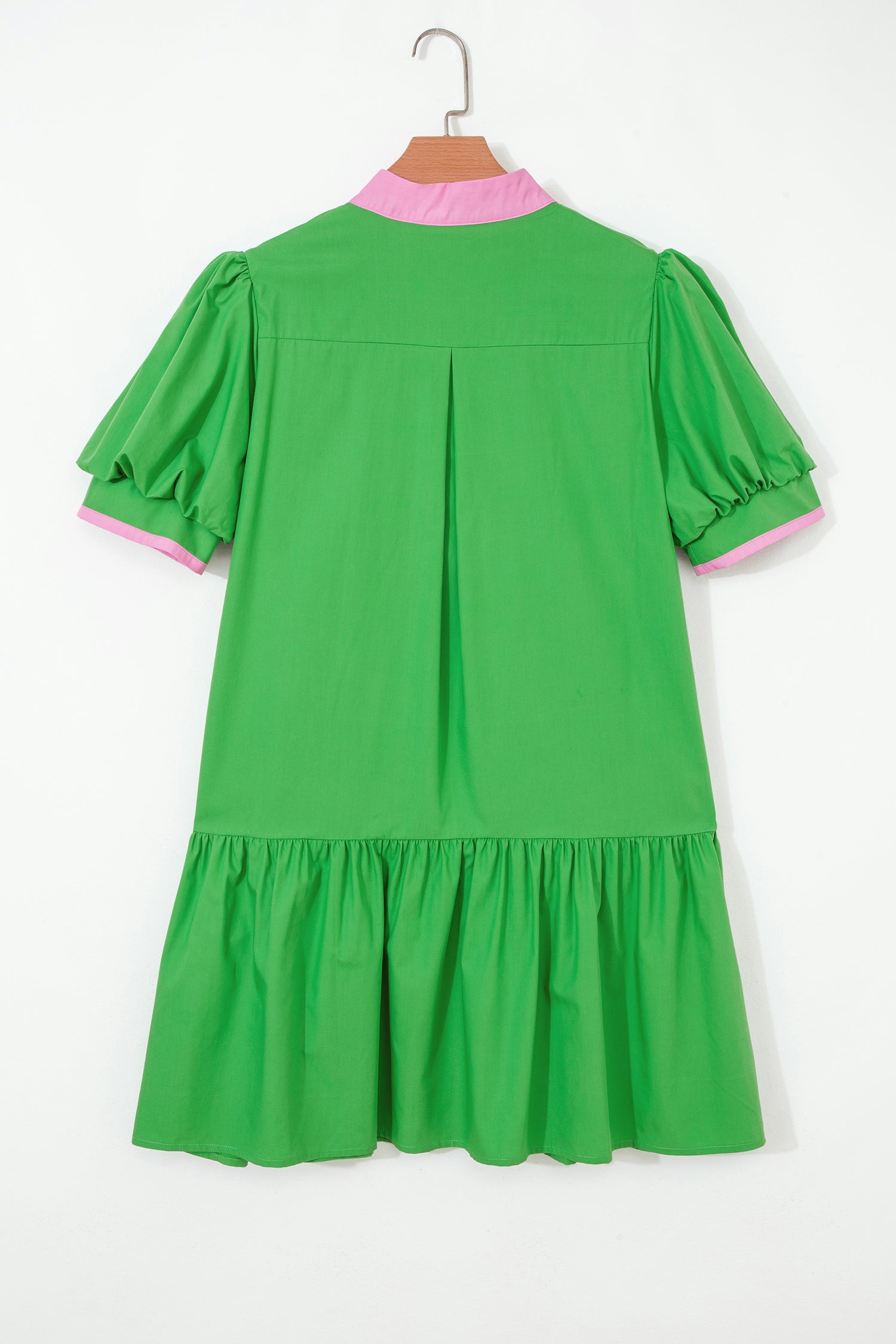 Bright Green Color Block Detail Split Neck Short Puff Sleeve Ruffle Hem Mini Dress