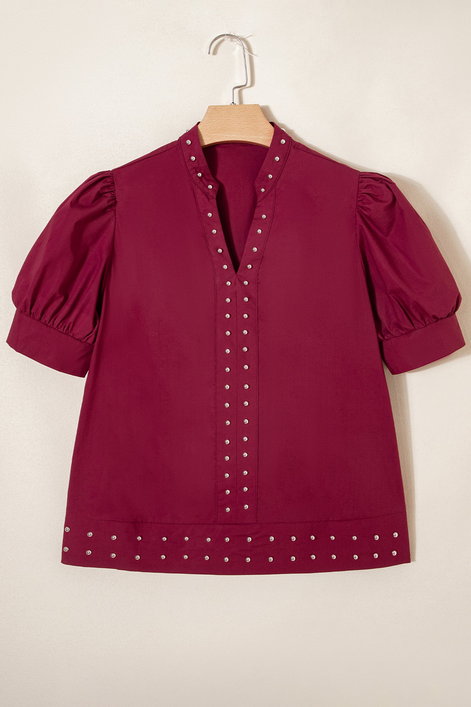 Burgundy Rivet Embellished V Neck Short Puff Sleeve Blouse