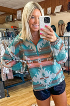 Green Quarter Zip Elastic Cuffs Aztec Sweatshirt