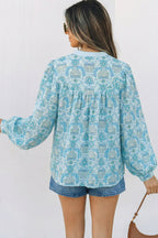 Sky Blue Paisley Print Puff Sleeve Loose Shirt