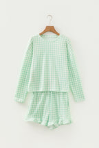 Green Gingham Long Sleeve Loose Top Drawstring Shorts 2pcs Lounge Set