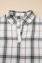 Red Plaid Print Collared V Neck Loose Blouse with Side Slits