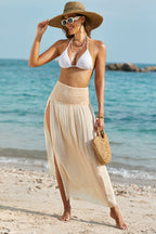 Beige Shirred High Waist Split Long Beach Skirt