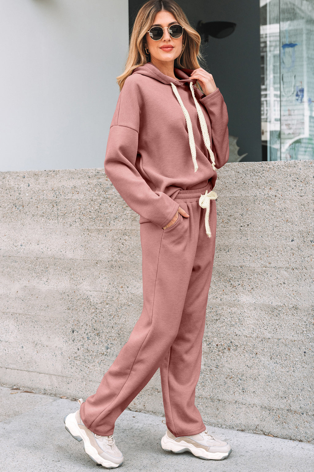 Leopard Drawstring Pullover Hoodie and High Waist Pants Corduroy Suit