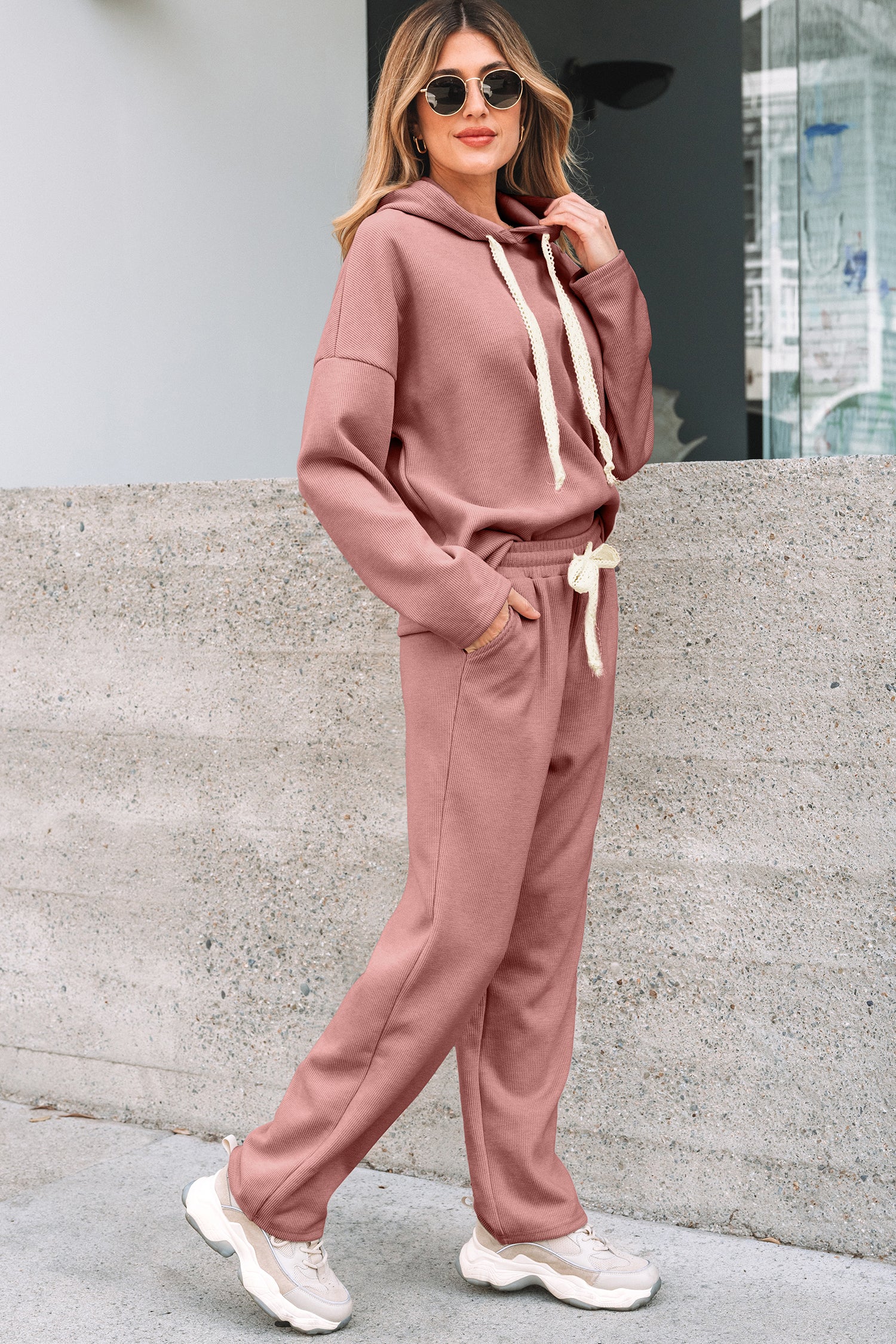 Leopard Drawstring Pullover Hoodie and High Waist Pants Corduroy Suit