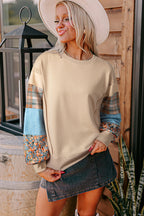 Plaid Colorblock Patchwork Sleeve Raw Seam Sweatshirt
