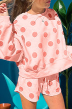 Polka Dot Print Drop Shoulder Pullover Drawstring Shorts Set