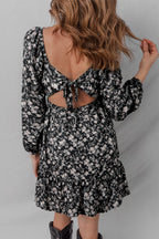 Black Floral Long Sleeve Frilly Shirred Square Neck Mini Dress
