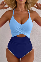 Beau Blue Ric Rac Trim Contrasted Patchwork Cutout One Piece Swimsuit