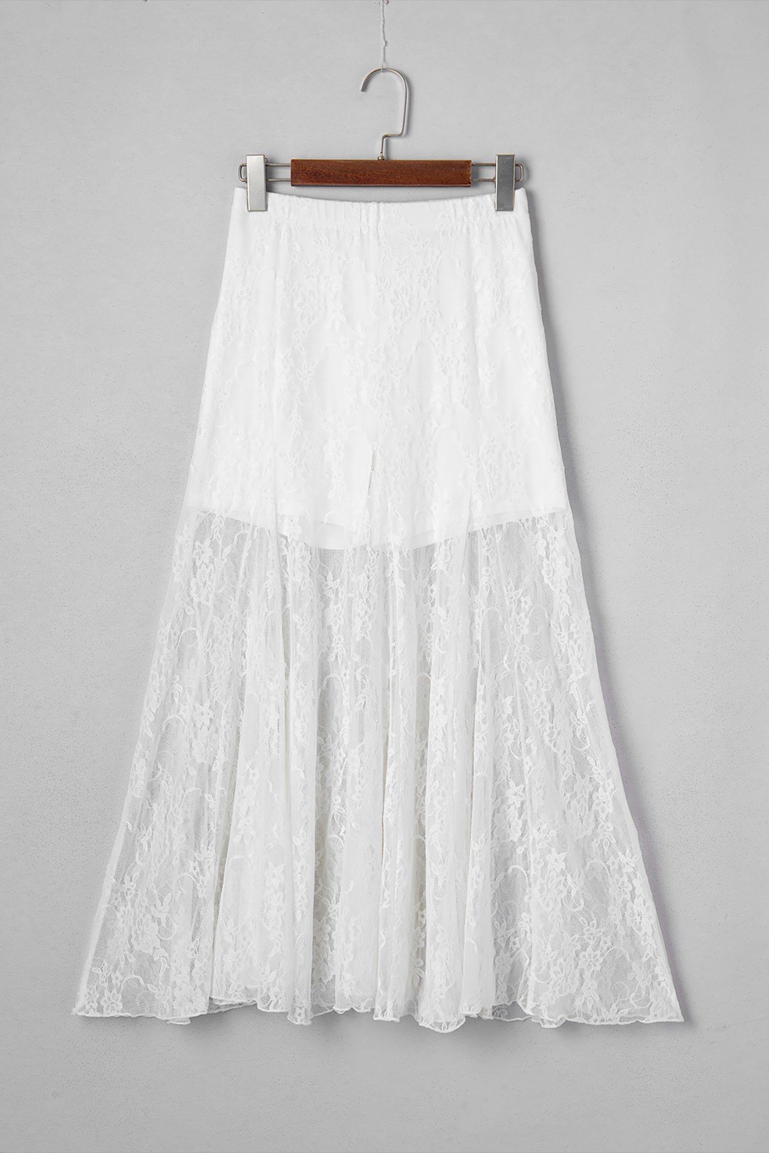 White Sheer Floral Lace Flowy Maxi Skirt