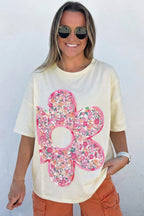 Jet Stream Floral Patched Raw Seam Big Flower Oversize Tee