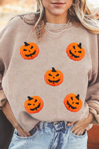 Apricot Twisted Rib Texture Chenille Halloween Pumpkin Patched Drop Shoulder Sweatshirt