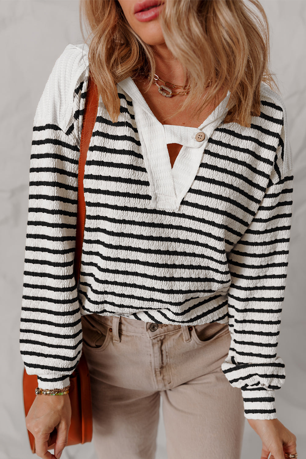 Striped Textured Hooded V Neck Casual Long Sleeve Top