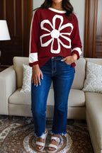 Red Dahlia Cheerful Daisy Flower Patched Round Neck Long Sleeve Top