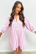 Rose Stripe Bracelet Sleeve Buttons Loose Mini Dress