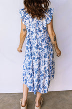 Blue Ruffled Short Sleeve Tiered Floral Midi Dress